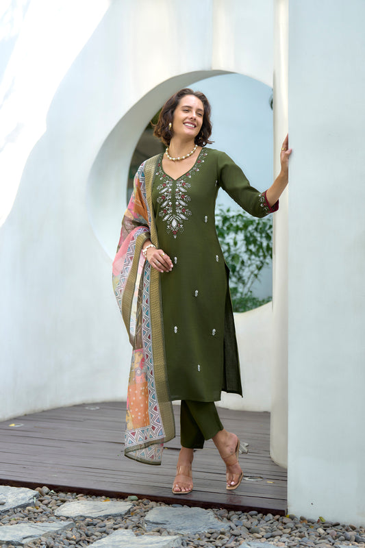 Olive Royale embroidered Vatican Kurta Set with Multicolor Ethnic Dupatta