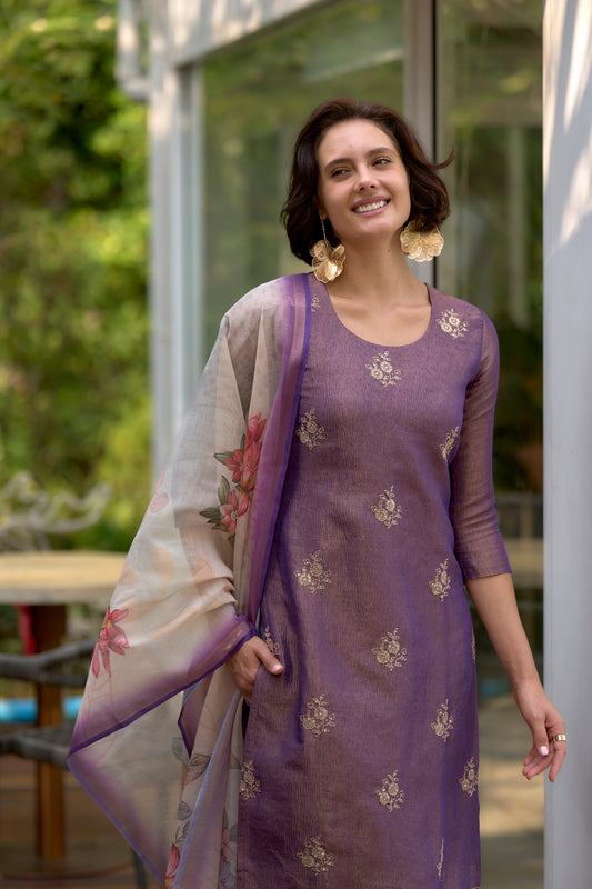 Lavender Charm Tissue Kurta with Roman Pants & Ethereal Petal Dupatta