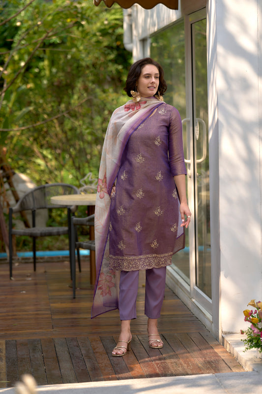 Lavender Charm Tissue Kurta with Roman Pants & Ethereal Petal Dupatta