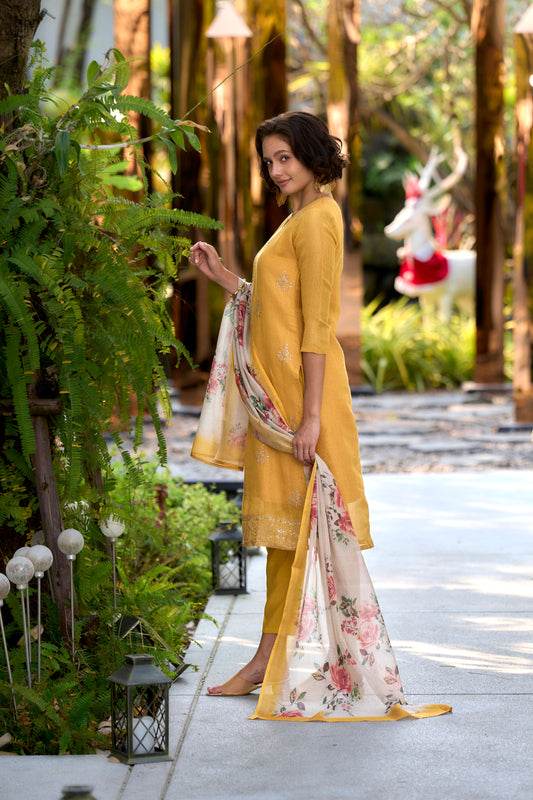 Yellow Tissue Kurta with Roman Pants & Ethereal Petal Dupatta
