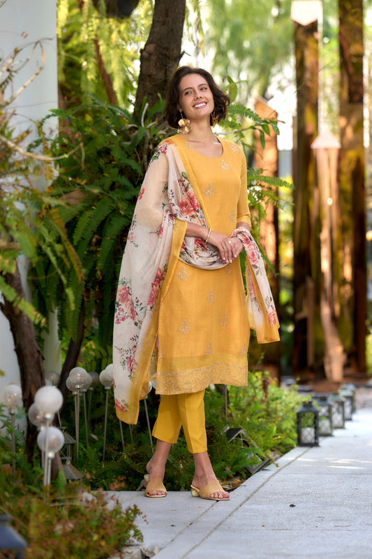 Yellow Tissue Kurta with Roman Pants & Ethereal Petal Dupatta