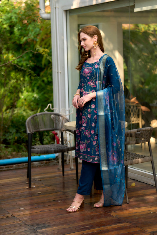 Ocean Breeze Teal Rayon Printed Kurta with Trouser & Printed Organza Dupatta