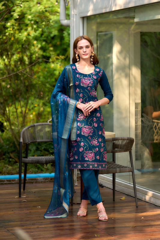 Ocean Breeze Teal Rayon Printed Kurta with Trouser & Printed Organza Dupatta