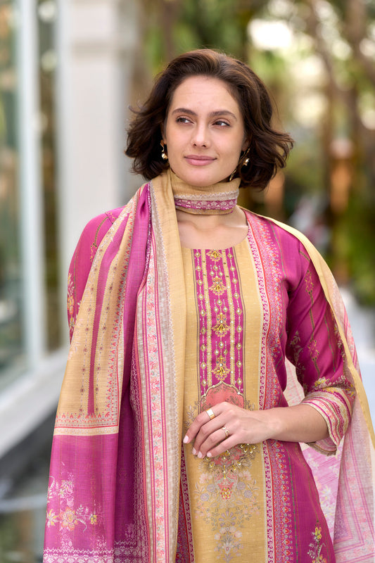 GoldenPink Blush Silk Blend Embroidered Kurta with Trousers & Contrasting Dupatta