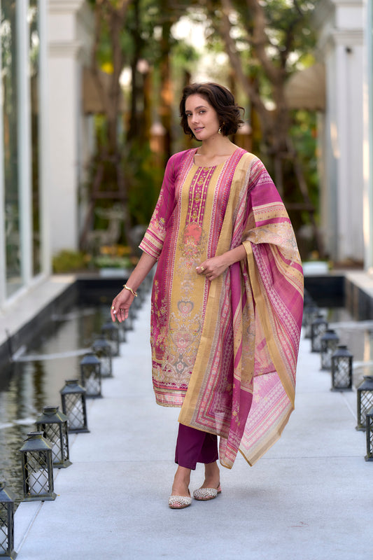 GoldenPink Blush Silk Blend Embroidered Kurta with Trousers & Contrasting Dupatta