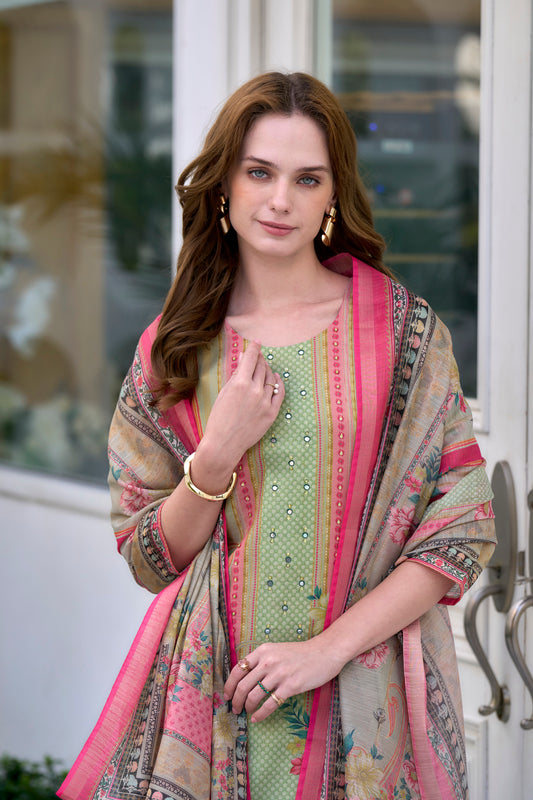 Mint Muse Silk Blend Embroidered Kurta with Trousers & Contrasting Dupatta