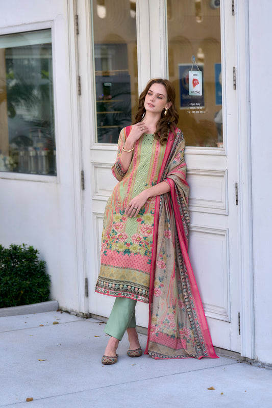 Mint Muse Silk Blend Embroidered Kurta with Trousers & Contrasting Dupatta