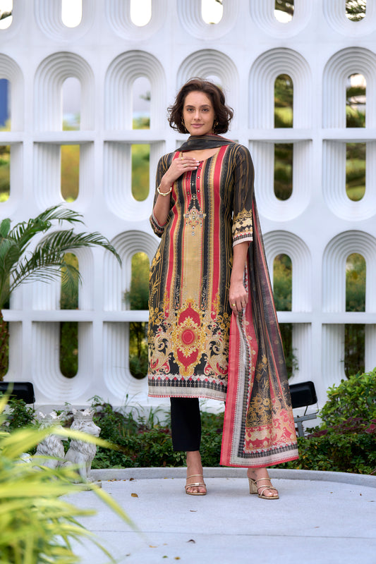 Black Ruby Silk Blend Kurta Set with Trouser & Elegant Dupatta