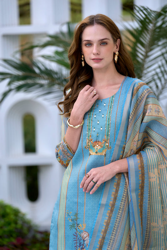Sky Harmony Embroidered Kurta Set with Matching Trouser & Dupatta