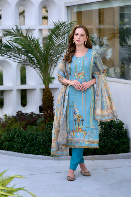 Sky Harmony Embroidered Kurta Set with Matching Trouser & Dupatta
