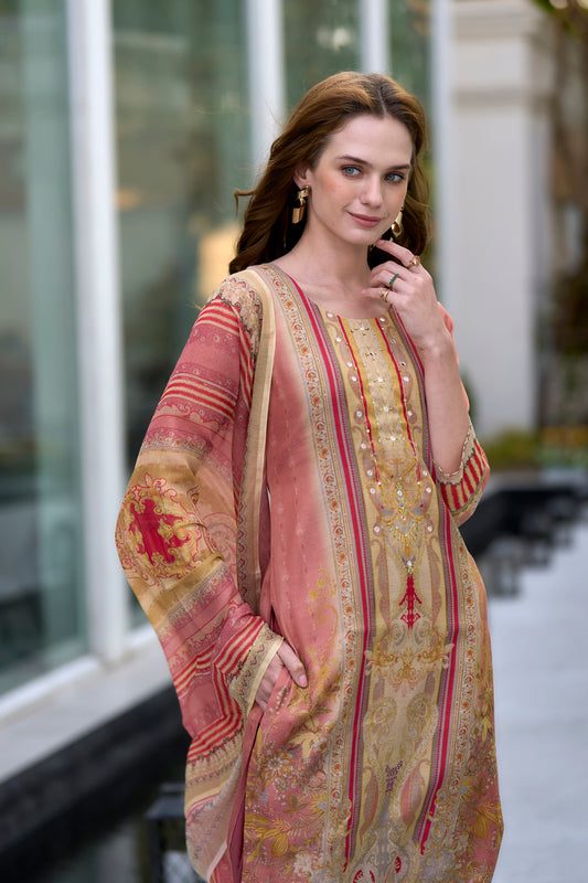 Golden Peach Embroidered Kurta Set with Trouser & Silk Dupatta