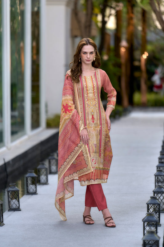 Golden Peach Embroidered Kurta Set with Trouser & Silk Dupatta