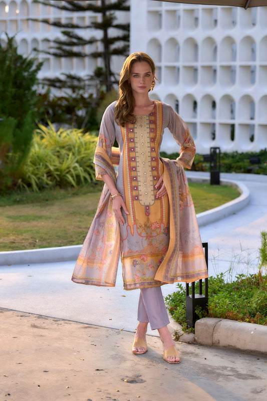 Golden Lavender Radiance Kurta Set with Trouser & Elegant Dupatta