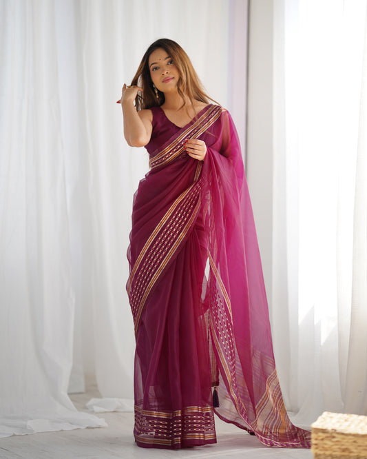 Pure Organza Embellished Zari Border Designer Saree