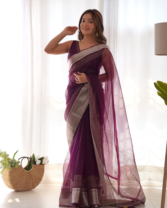 Pure Organza Zari Border Designer Saree