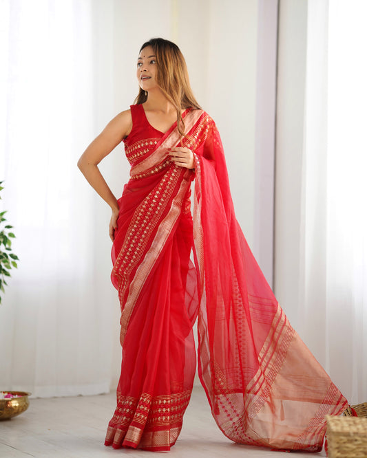 Pure Organza Embellished Zari Border Designer Saree