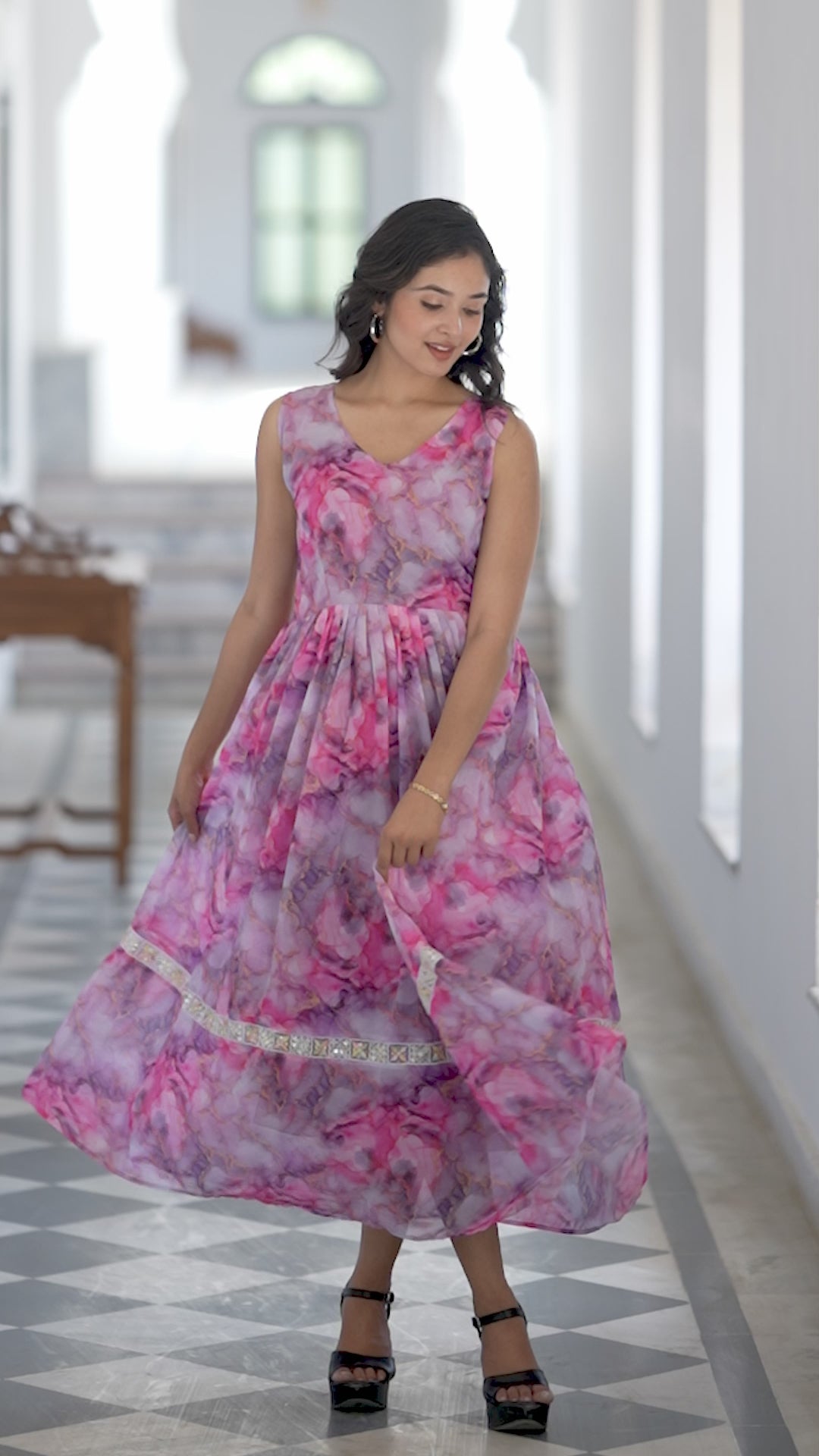 Pink & Purple Abstract Print Maxi Ethnic Dress with Lace Embellishments & Flared Silhouette