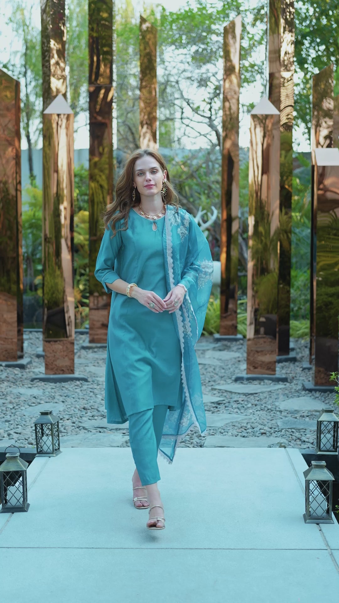 Sky Blue Vatican Kurta Set with Embroidered Neckline and Organza Dupatta