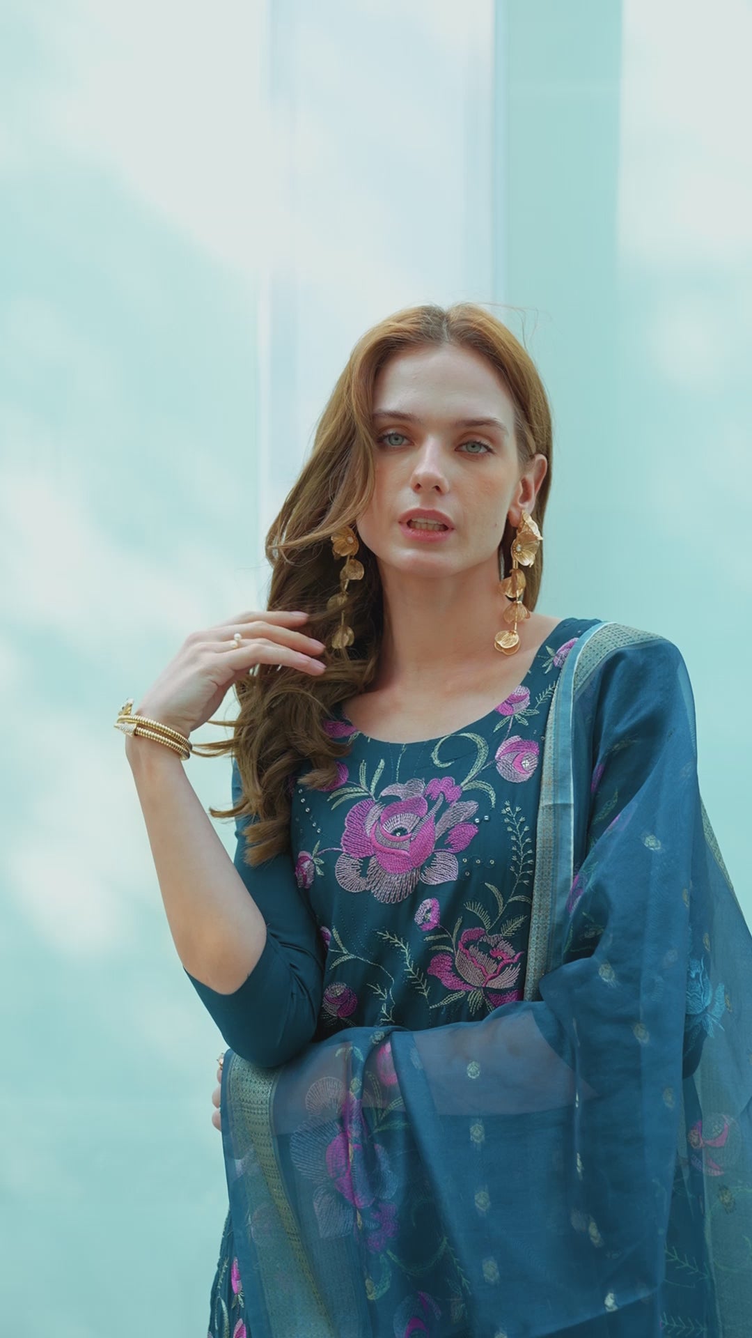 Ocean Breeze Teal Rayon Printed Kurta with Trouser & Printed Organza Dupatta