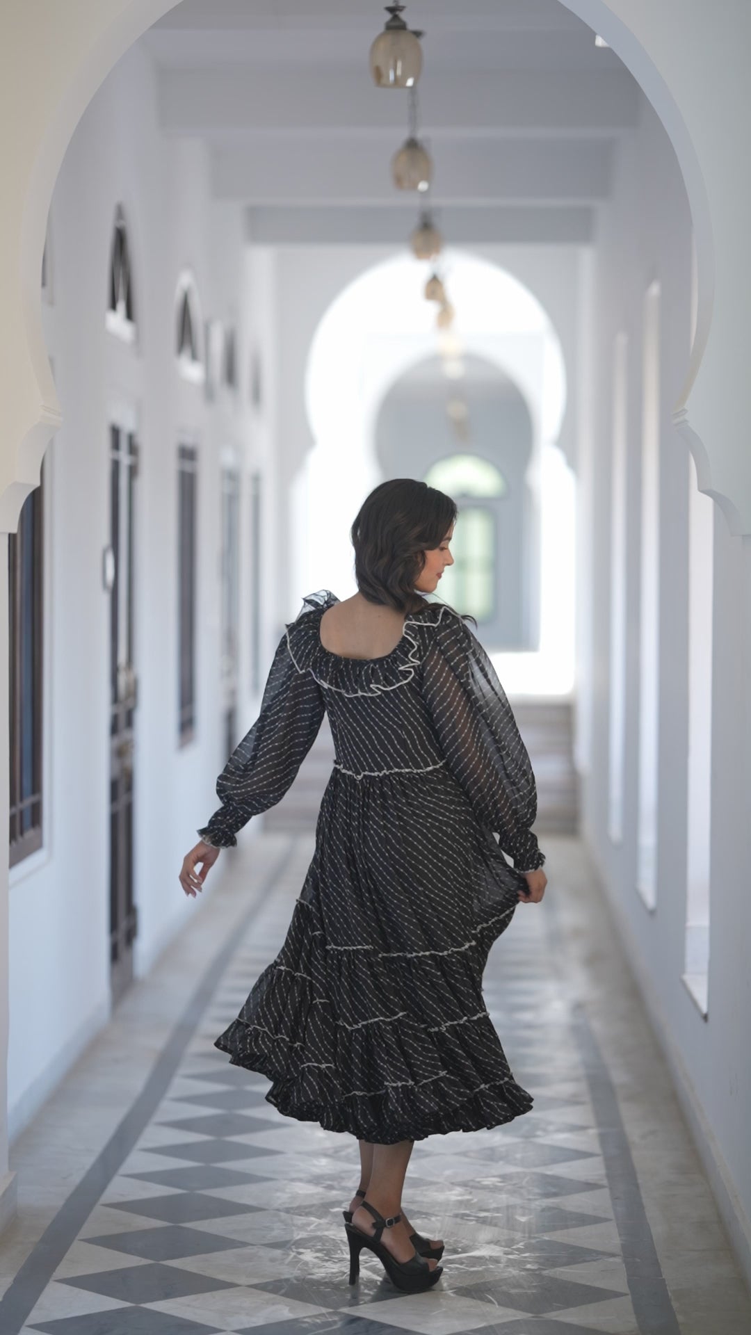 Black Leheriya Print Maxi Ethnic Dress with Bishop Sleeves & Ruffled Boat Neck