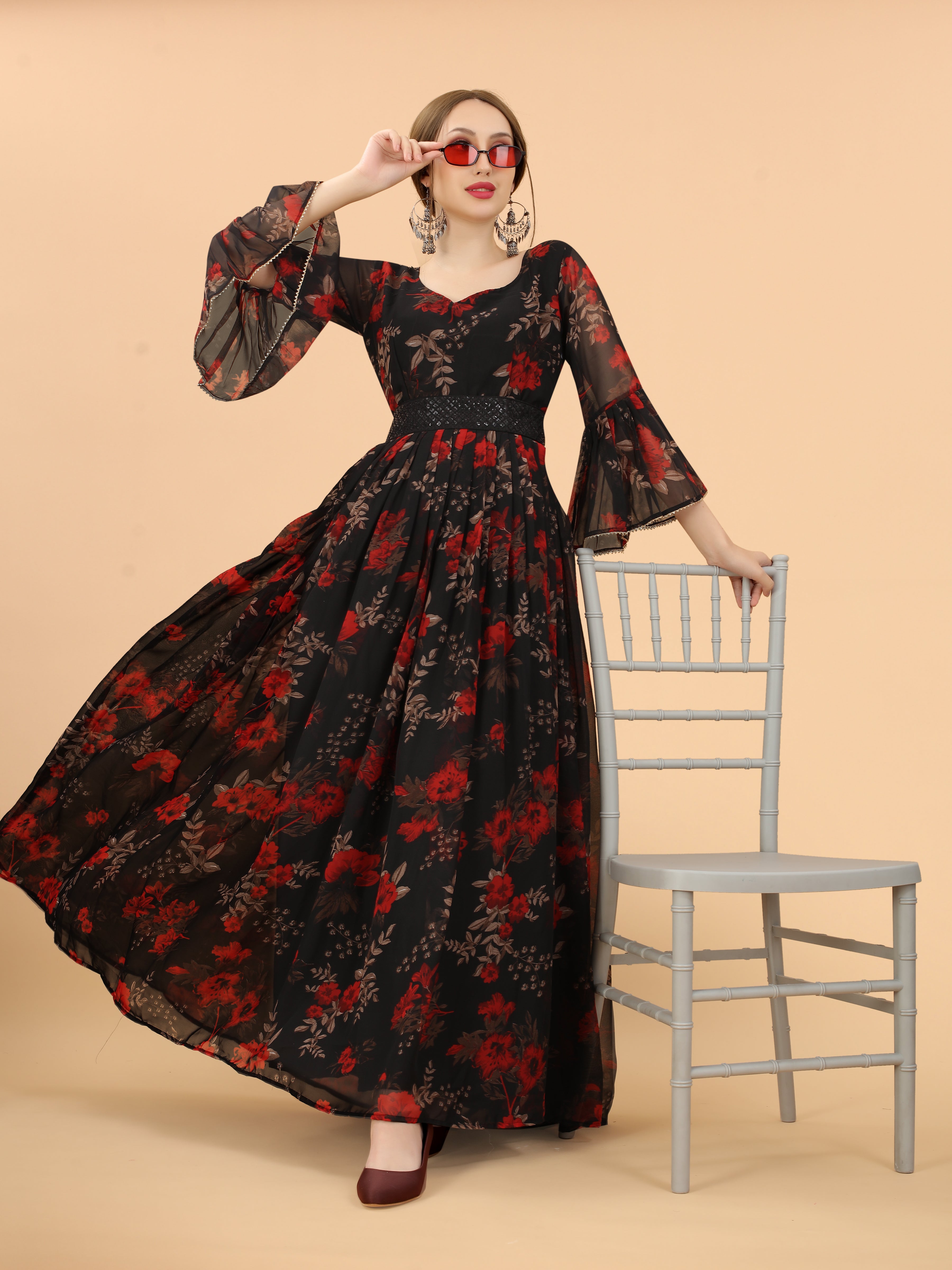 Aspora Women Black & Red Floral Fit And Flare Maxi Dress(Gown-Blackberry) Aspora Women Black & Red Floral Fit And Flare Maxi Dress(Gown-Blackberry)