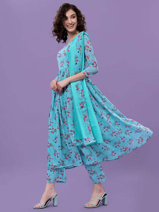 Aspora Pore Georgette Floral Printed Kurta With Plazzo & Dupatta Readymade Set