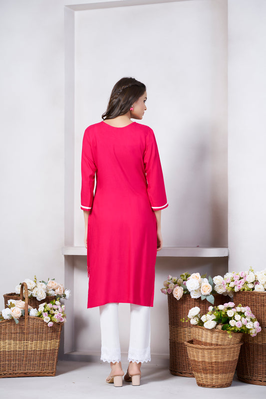 Pink Floral Printed V shape Neck Straight Kurti