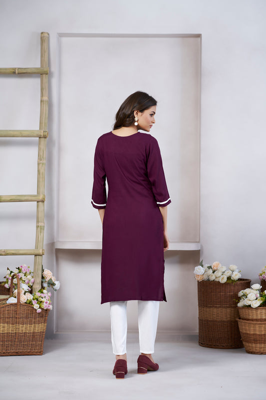 Wine Floral Printed Round Neck Straight Kurti