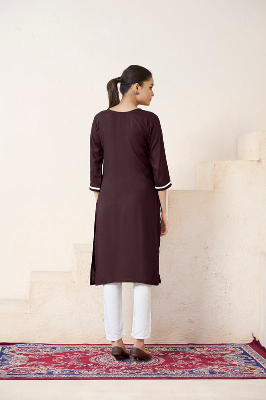 Brown Floral Printed Round shape Neck Straight Kurti