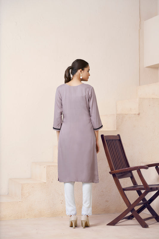 Grey Floral Embroidered Round Neck Straight Kurti
