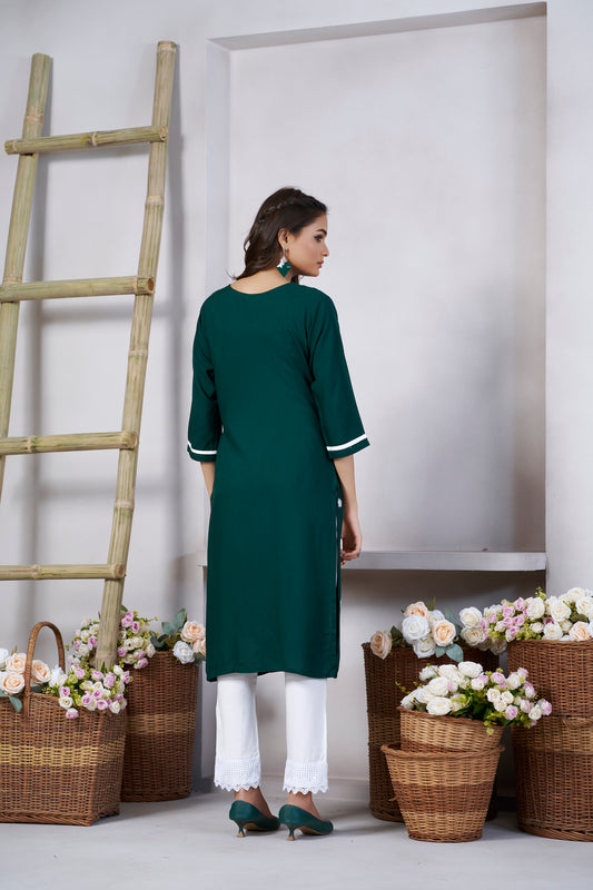 Dark Green Floral Embroidered V Neck Straight Kurti