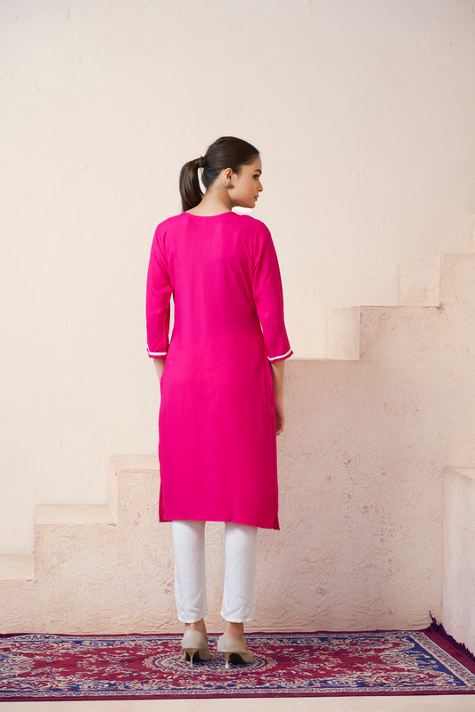 Pink Floral Embroidered V Neck Straight Kurti