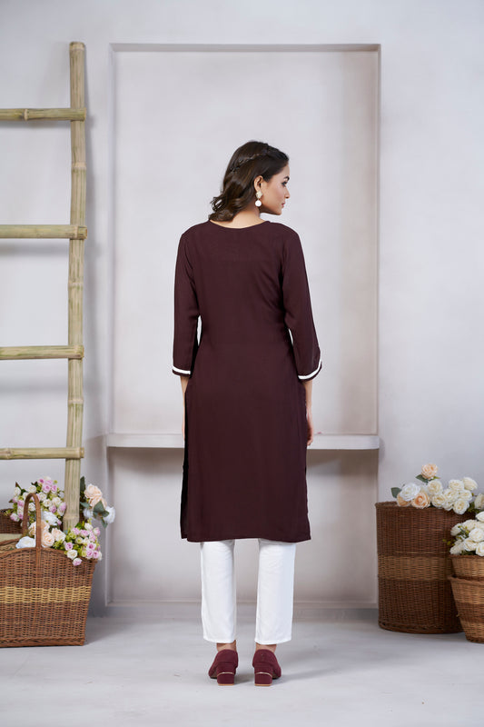 Brown Floral Embroidered Round Neck Straight Kurti