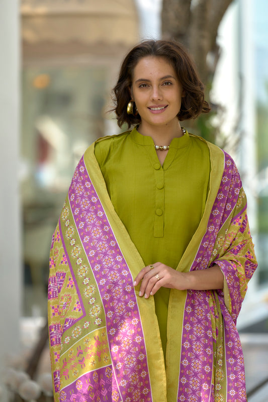 Green Kurta Set in Vatican Fabric with Contrasting Chinnon Dupatta
