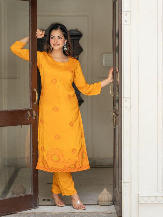Yellow Viscose Jacquard Kurta with Delicate Pink Floral Accents and Trouser