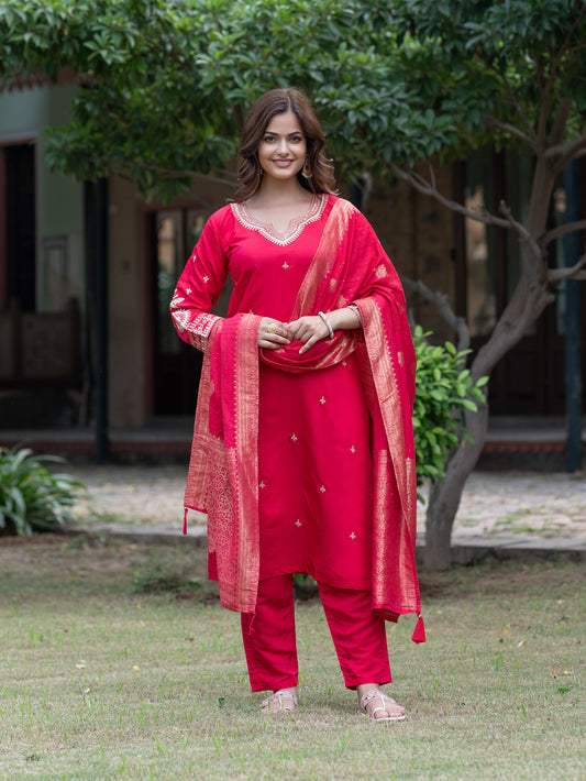 Silk Blend Embroidered Kurta Trouser Set with Dupatta For Women