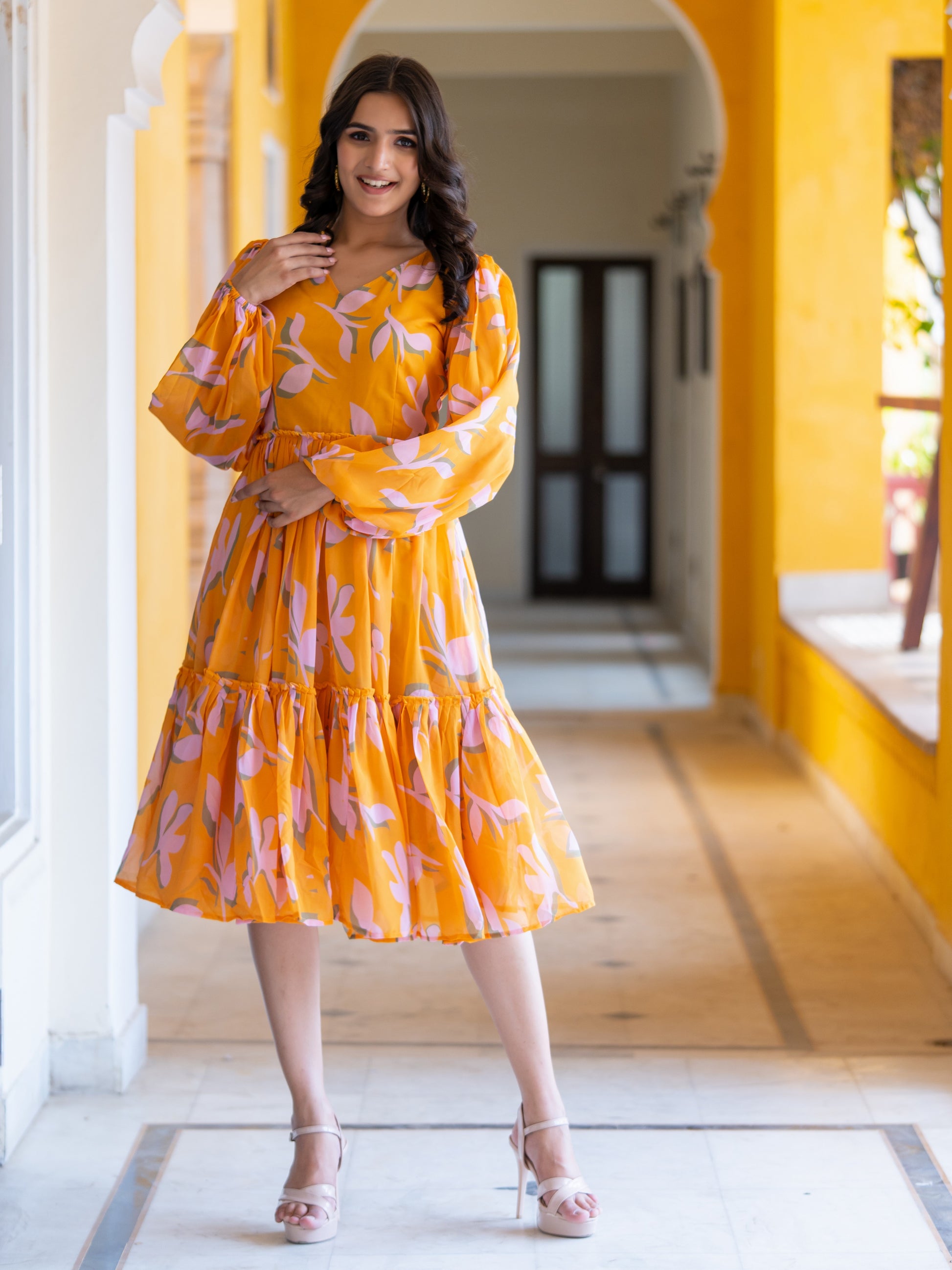Elegant Orange Layered Ethnic Dress with Bishop Bubble Sleeves Elegant Orange Layered Ethnic Dress with Bishop Bubble Sleeves
