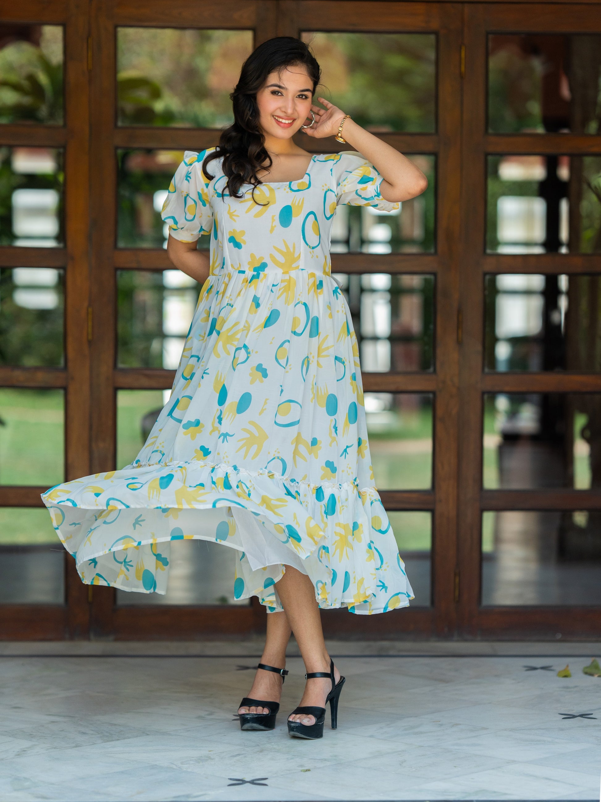S White Maxi Ethnic Dress with Blue & Yellow Abstract Prints and Tie-Up Back S White Maxi Ethnic Dress with Blue & Yellow Abstract Prints and Tie-Up Back