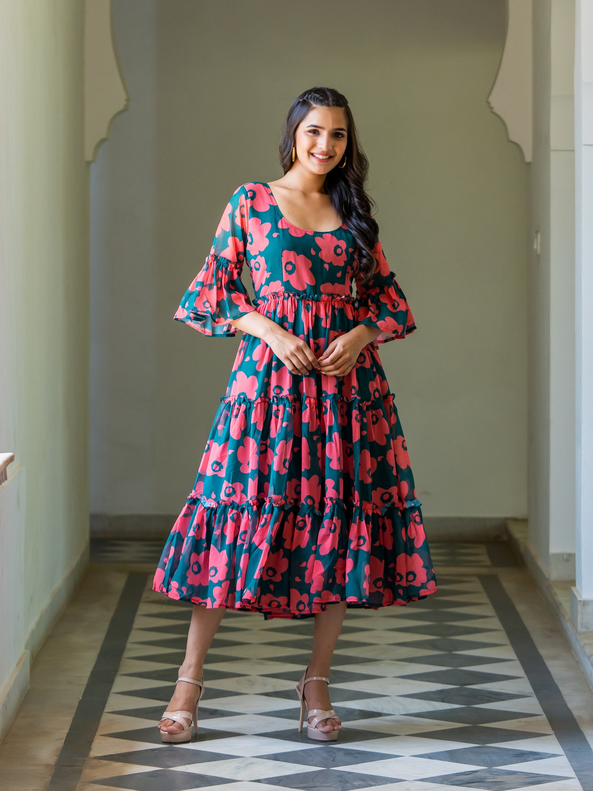 Dark Green Floral Print Maxi Ethnic Dress with Bell Sleeves Flared Silhouette
