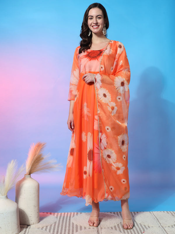 Aspora Women's Orange Colored Floral Printed Organza Maxi Dress With Dupatta(GW-BL-Sunflower Orange)