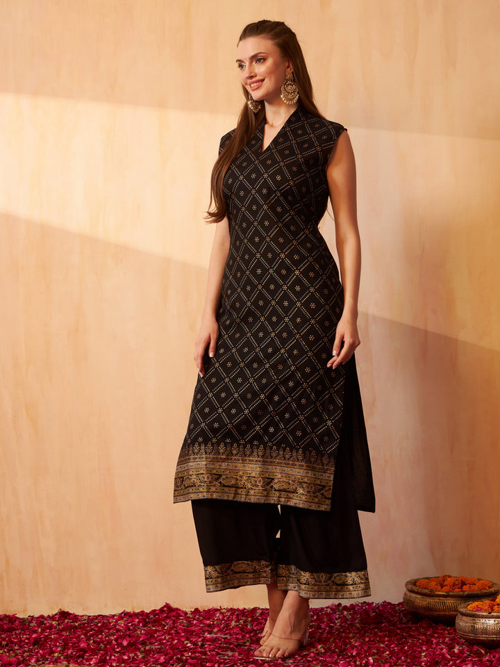 Aspora Women's Bandhani Printed Straight Kurta With Palazzo(KS-BL-OF38-Foily-Wine)