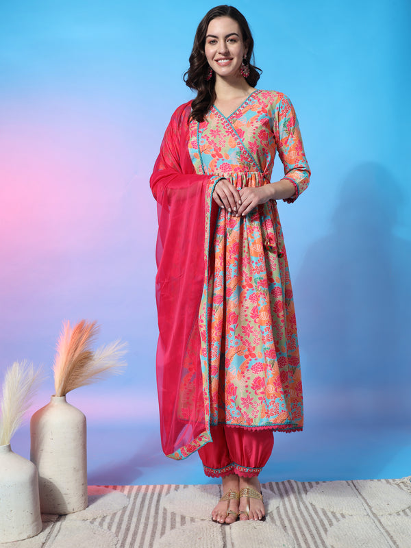 Aspora Pink Colored Floral Printed V-Neck Anarkali Kurta With Trousers & Dupatta(KS-BL-Saheli-Pink)