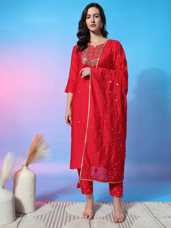 Aspora Women Red Colored Floral Embroidered Notch Neck Art Silk Kurta With Trousers & Dupatta(KS-JK-Nikki-Red)