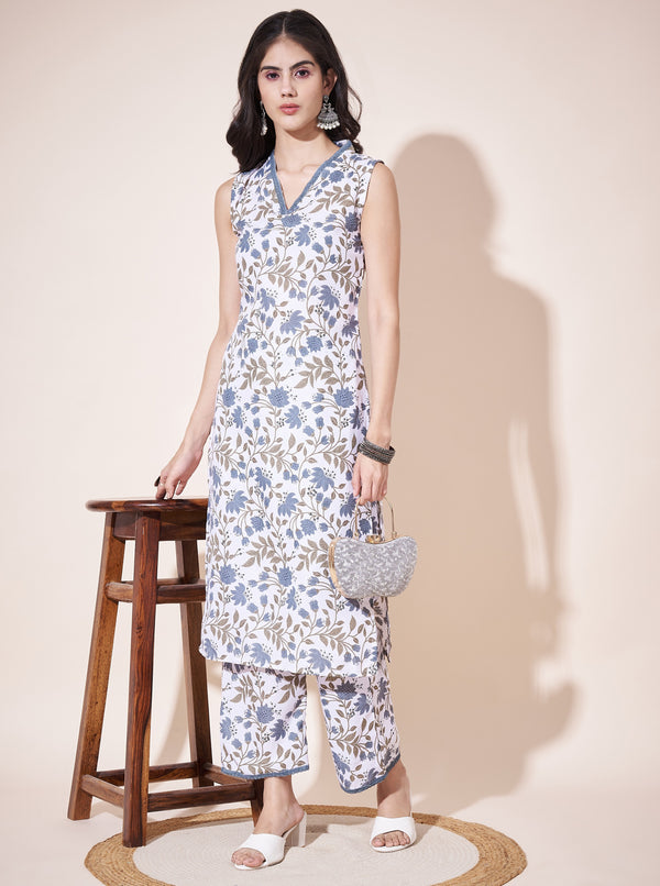 Aspora White & Blue  Pure Cotton Floral Printed Straight Kurta With Trousers (KS-LF-244-White.Blue)