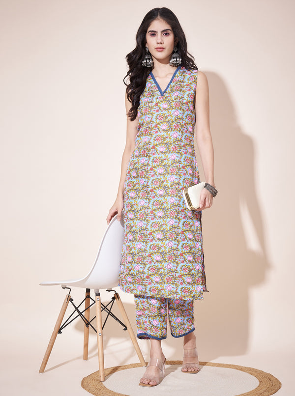 Aspora SkyBlue & Pink  Pure Cotton Floral Printed Straight Kurta With Trousers (KS-LF-245-SkyBlue)