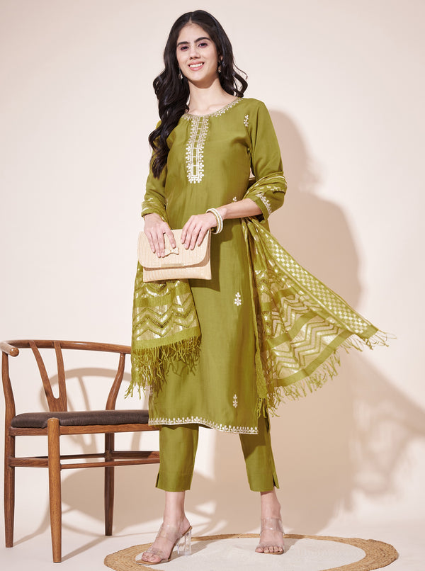 Aspora Olive Floral Embroidered Straight Kurta With Trousers & Dupatta (KS-LF-247-Mehandi)