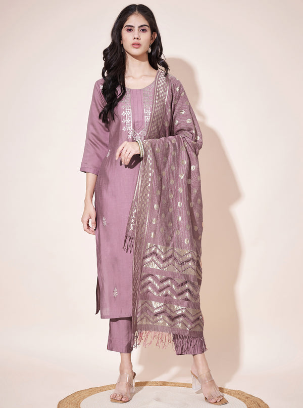 Aspora Onion Pink Floral Embroidered Straight Kurta With Trousers & Dupatta (KS-LF-248-Onioni)