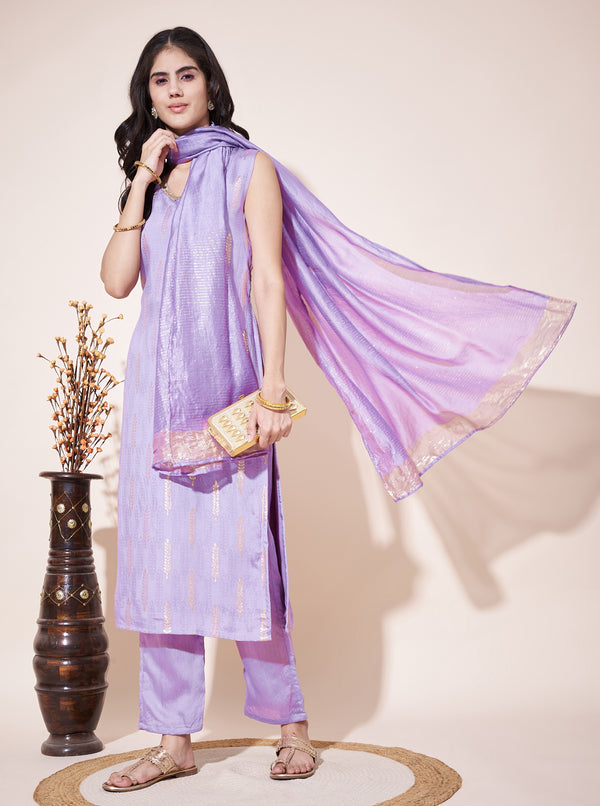 Aspora Lavender Pure Silk Floral Woven Straight Kurta With Trousers & Dupatta (KS-LF-249-Lavender)