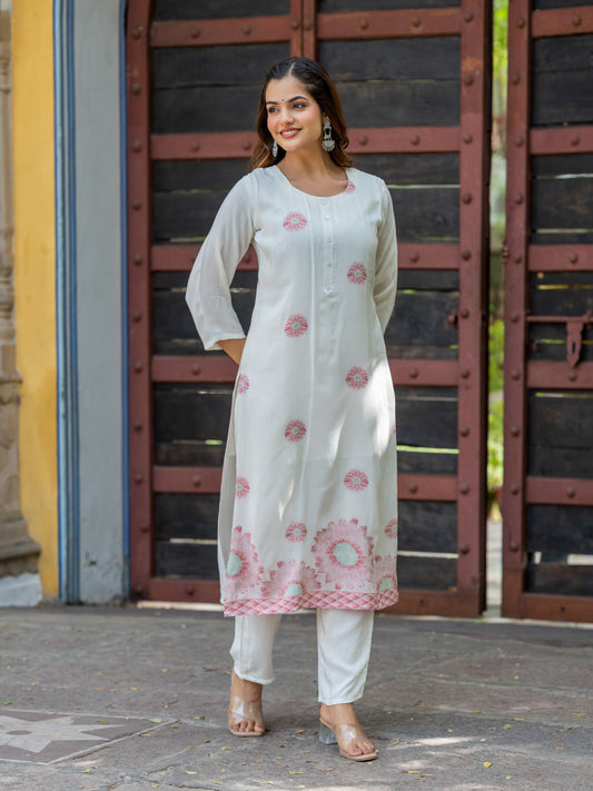 White Viscose Jacquard Kurta with Delicate Pink Floral Accents and Trouser