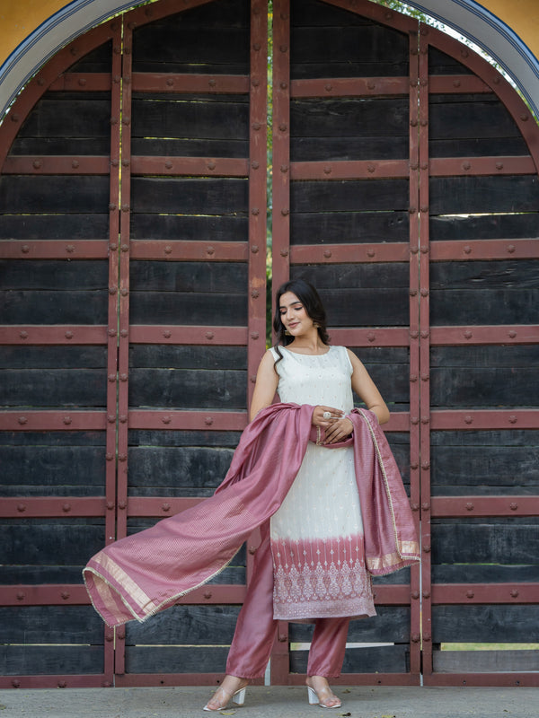 Aspora White & Pink Pure Silk Ethnic Motif Woven Straight Kurta With Trousers & Dupatta(KS-LF-Indu-239-OnionPink)